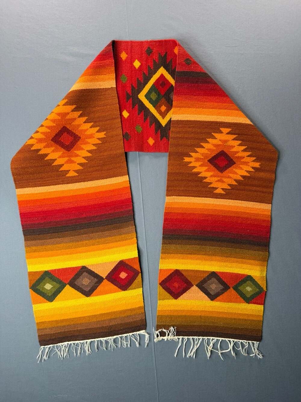 Vintage 68x11” Hand Woven Southwestern Wool Table Runner Geometric Aztec Design - Picture 4 of 4